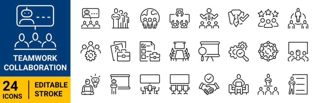 Teamwork Collaboration Line Icon Set. Collection of partnership, cooperation, team, unity, connection, business, organization, handshake, group, Outline, Editable Stroke, Vector illustration.