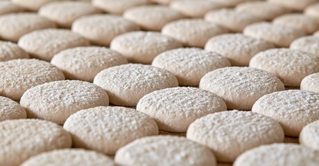 Obraz premium Rows of raw round dough balls dusted with flour