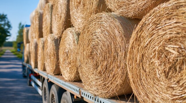 Round hay bales loaded on flatbed truck trailer parked on rural road