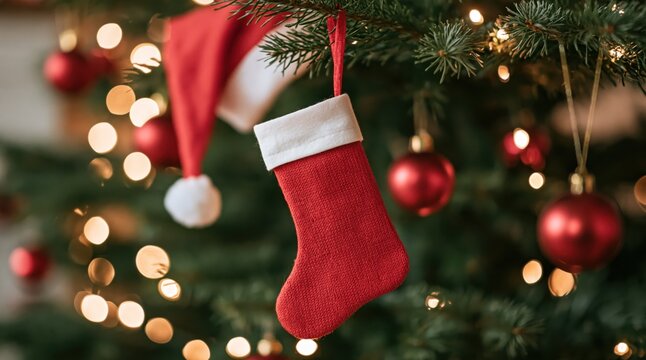 Red knitted stocking and Santa hat on decorated Christmas tree with bokeh lights
