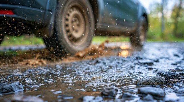 Car wheel driving through puddle splashing water on rocky road