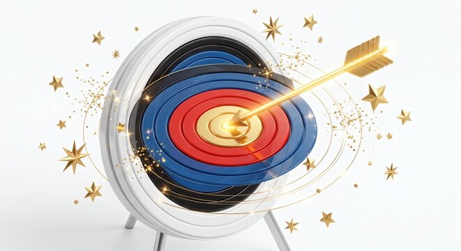 3D isometric illustration of a giant target with a golden arrow hitting the center