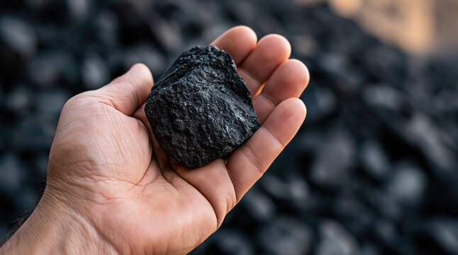 Hand holding piece of black coal against blurry background