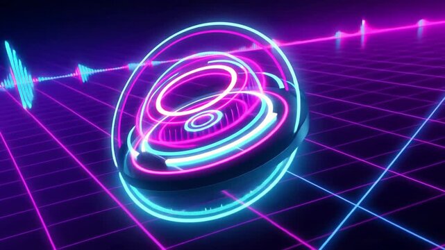 Neon cyberpunk hud interface with rotating 3 d audio spectrum and digital grid background