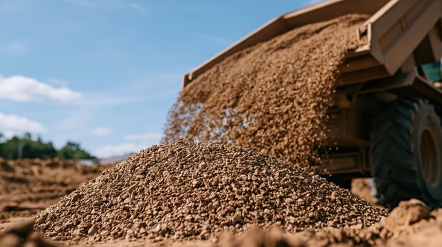 Dump truck unloading pile of gravel at construction site