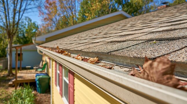 Clogged gutter with dry leaves on residential roof in autumn