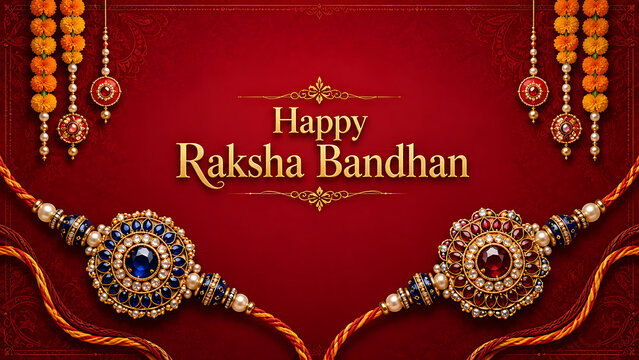 Two jeweled rakhi threads displayed on vibrant red background with hanging marigold garlands to celebrate the auspicious festival of happy raksha bandhan