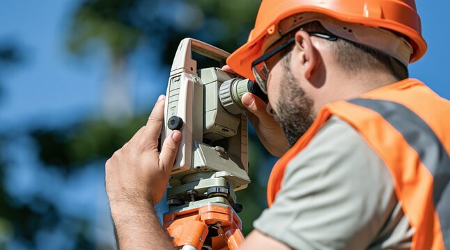 Land surveyor operating electronic total station at construction site