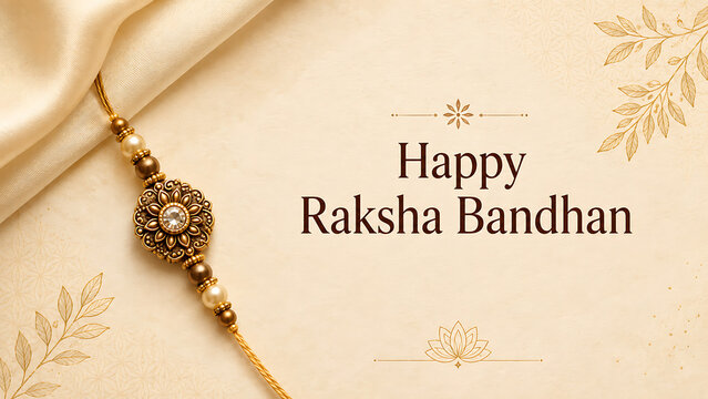 Elegant golden rakhi thread resting gently on smooth cream silk fabric and botanical leaves wishing everyone a very joyful happy raksha bandhan