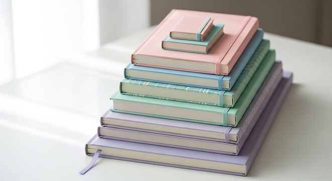 Neatly stacked pastel-colored notebooks and journals creating a visually appealing pyramid pattern on a white surface