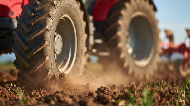 Tractor tire kicking up dust on freshly plowed soil