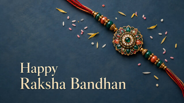 Beautiful green jeweled rakhi placed on dark blue surface scattered with rice grains and petals for a special happy raksha bandhan greeting