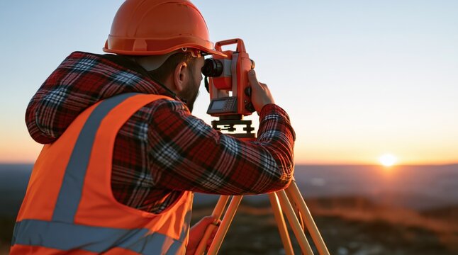 Land surveyor working with professional geodetic total station at sunset