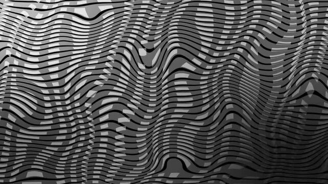 Abstract wavy lines forming optical illusion-like flowing pattern with high contrast and rhythmic curves animation