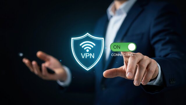A businessman in a suit activates a glowing blue vpn shield on a digital interface, representing secure and private internet connectivity