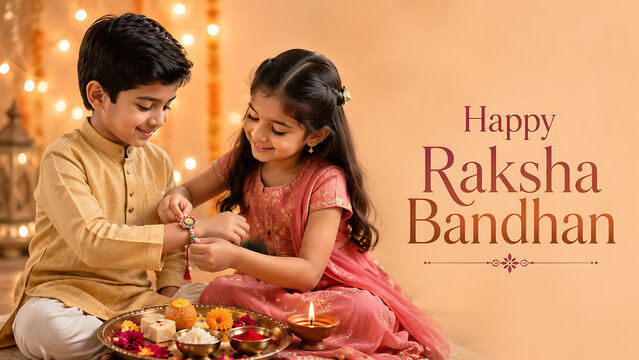 Cute little sister happily tying colorful rakhi on brothers wrist near glowing lights and sweets celebrating the beautiful happy raksha bandhan tradition