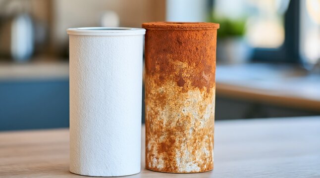 Comparison of new and used water filter cartridges on wooden surface