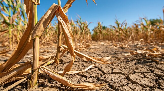 Withered corn stalks on parched cracked soil under blue sky