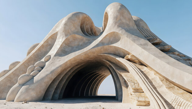 Futuristic organic architecture pavilion, biomorphic concrete structure in desert, modern surrealist monument under blue sky
