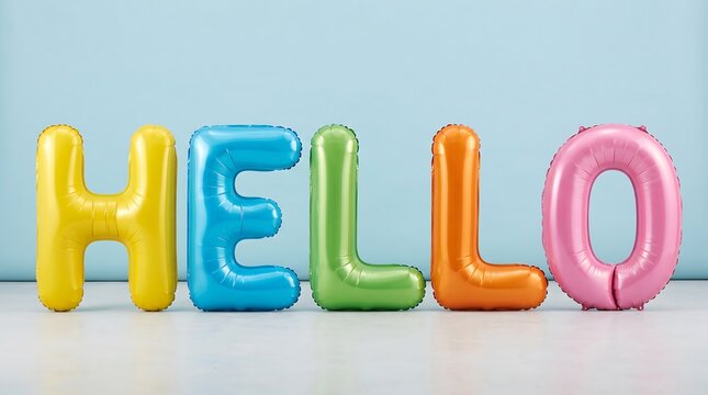 Colorful foil balloons forming the word hello arranged neatly on a smooth light blue studio background