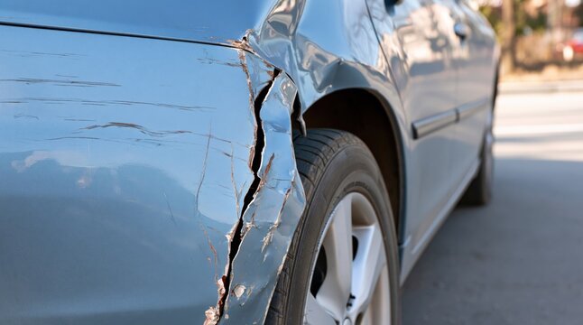 Blue car with bodywork damage and scratches on rear panel