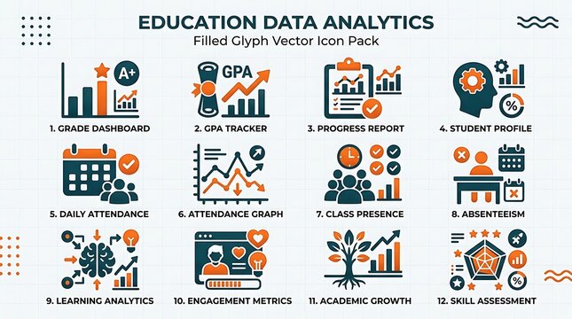 Education data analytics filled glyph vector icon pack with school and learning symbols