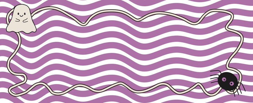 Cute Halloween ghost and spider frame with purple wavy background and copy space