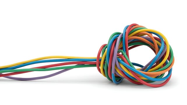 Colorful tangled electrical wires forming a knot isolated on white background