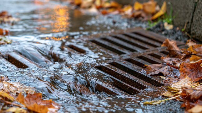 Water flowing into metal storm drain grate with autumn leaves