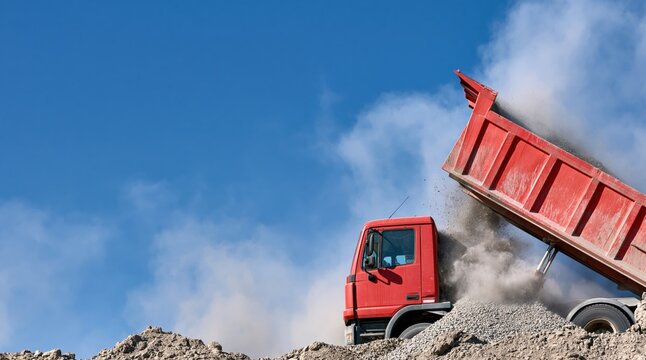 Red dump truck unloading gravel against blue sky