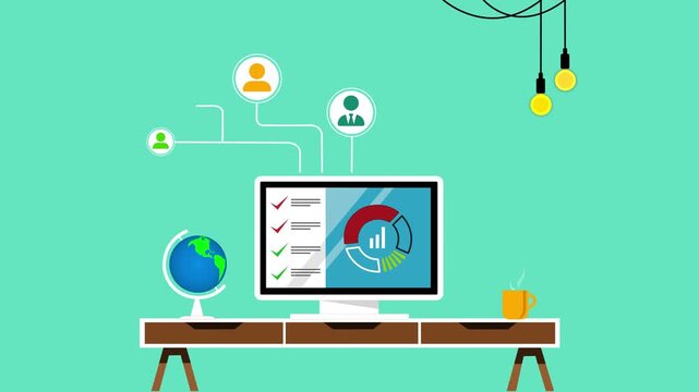 Flat modern workspace animation with computer on desk showing charts, globe and connected user icons hanging bulbs