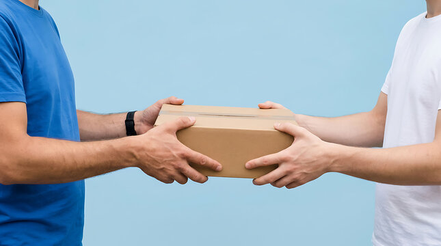 Close-up of a courier in a blue uniform handing a brown parcel to a customer. Delivery service, e-commerce transaction, and package shipping concept.