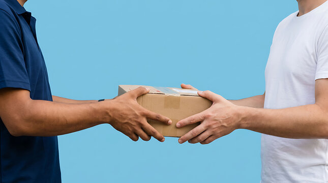 Close-up of a courier in a blue uniform handing a brown parcel to a customer. Delivery service, e-commerce transaction, and package shipping concept.