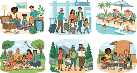 Fototapeta premium Flat vector family vacation and travel adventure illustration bundle showing diverse people packing luggage airport departure resort pool picnic hiking cabin