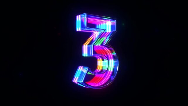 Glowing Neon Glass Number Three Countdown Motion Video Background