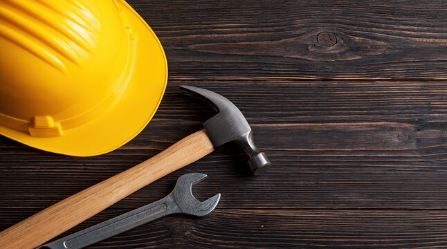 Yellow hard hat hammer and wrench on dark wooden background