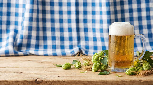 beer stein with hop cones on wooden table with blue checkered background