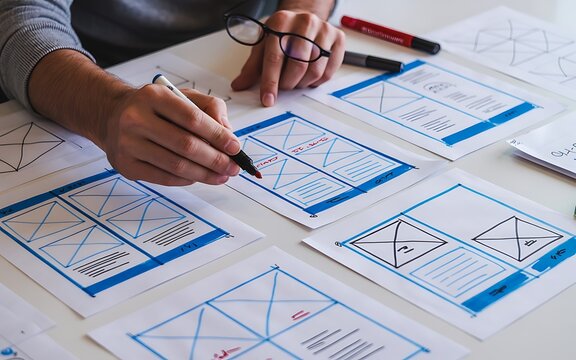 Designers creating website interface wireframes and layouts on paper workspace