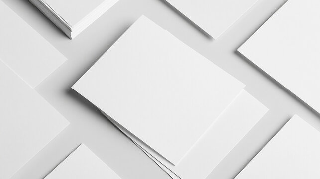 Minimalist commercial stationery mockup: a geometric scattered stack of blank white rectangular cards on a clean white studio surface