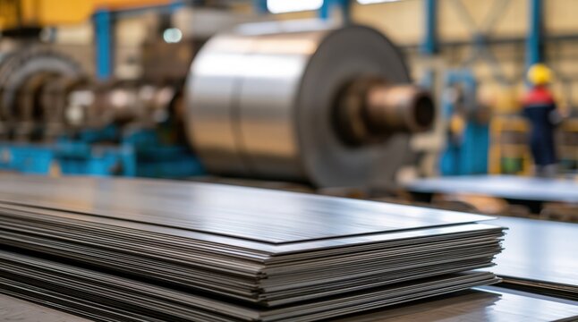 Stacked steel metal sheets in industrial factory with coil and machinery background