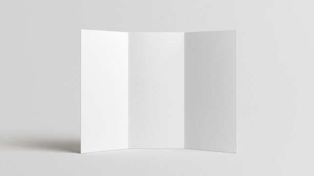 Minimalist studio product mockup of a blank white tri-fold brochure opened and standing upright