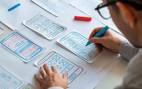 Designer sketching mobile app interface wireframes on paper in creative studio