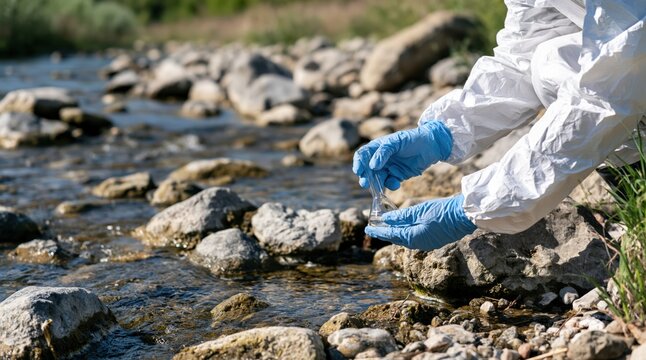 Scientist in protective suit taking water sample from river in glass flask