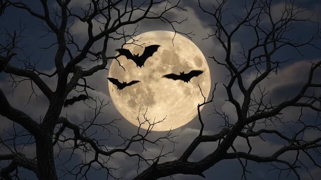 Full moon night background with bat silhouettes flying across dark sky