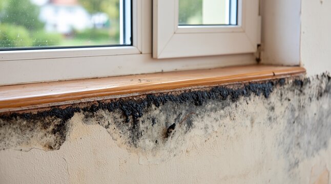 Black mold growing on wall under wooden window sill