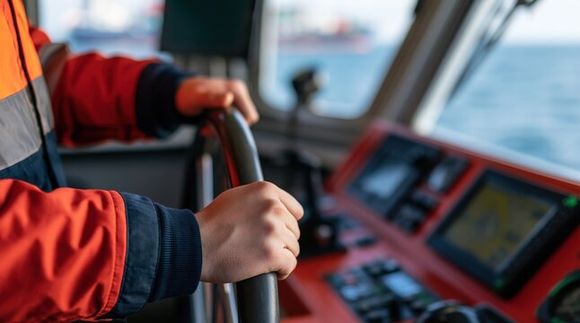 Sailor hands steering ship with helm on bridge