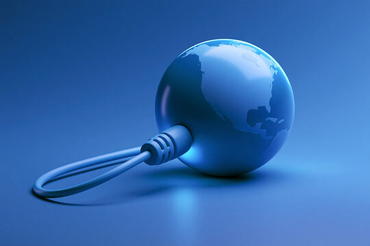 3D render of blue earth globe connected with network cable for global internet connection and data transfer
