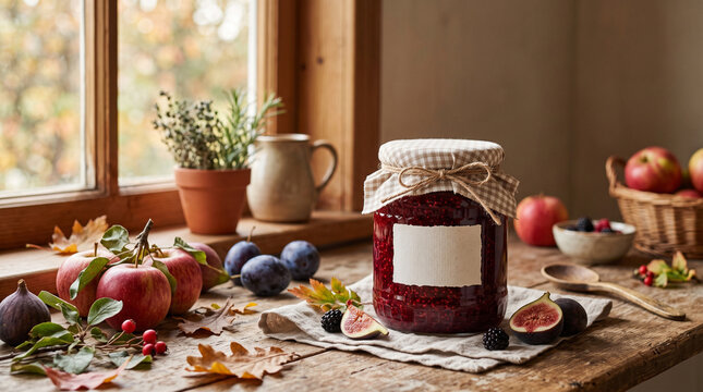 jam jar with paper label mockup autumn fruits and berries on wooden table