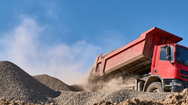 Red dump truck unloading gravel onto large pile