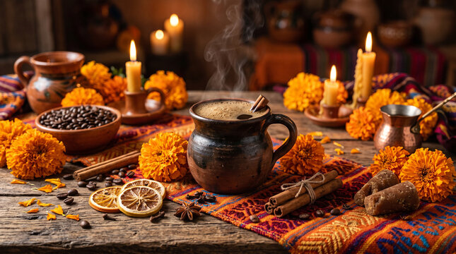 traditional mexican coffee de olla with cempasuchil flowers for d&iacute;a de muertos